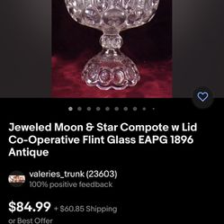 Antique Jeweled Moon & Star Compote w Lid Co-Operative Flint Glass Serving Dish