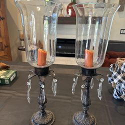 RH Large Glass, Metal And Crystal Hurticane Candleholders - Set Of 2