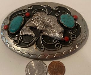 Vintage Metal Belt Buckle, Silver and Turquoise, Bass, Fishing, Hand Crated, Nice Western Style Design,