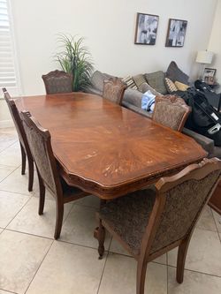 Large Wood Dining Table + 6 Chairs + 18” Leaf – 90” Long – $595 OBO
