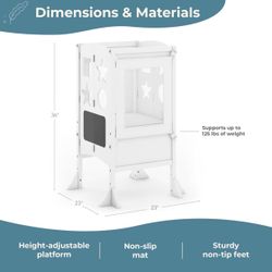 White: Wooden Adjustable Kitchen Step Stool with Chalkboard & Non Slip Mat | Montessori Learning & Cooking Toddler Tower w/Safety Nets
