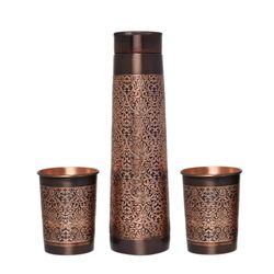 100% Copper Water Bottle with 2 Matching 100% Copper Cups