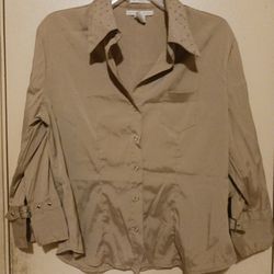 Ladies BEIGE BLOUSE W/ Rhinestones On Collar Med $15