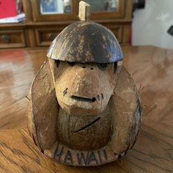 Vintage Hand Carved Coconut “Hawaii” Coin Bank Souvenir 