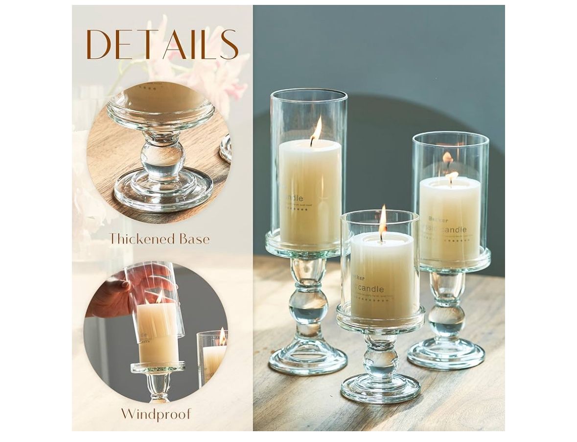 Hurricane Candle Holder, Glass Pillar Candlestick Holder, 3 Pcs (Clear with Sleeve, not Including Candle)
