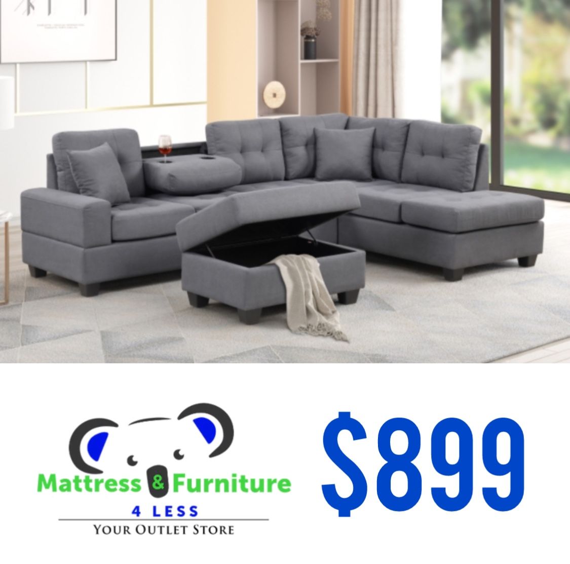 Dark Grey Reversible Sectional (Ottoman Not Included)