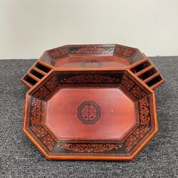 Vtg ?? Wooden Lacquerware Serving Trays  Bowls Stacking Set of 5 Octagonal