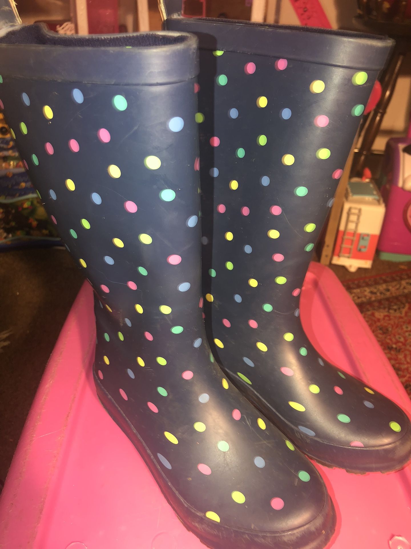 Girls Knee High Polka Dotted Rain Boots Size 13Y