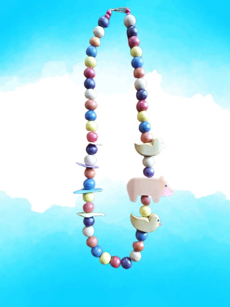 60" Colorful Wooden Beads/Animals/Rock Necklace