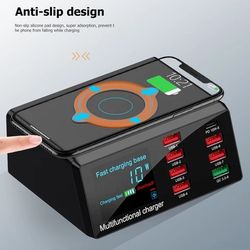 PD 18W Multi port 8-Port USB And Wireless Charger Desktop Station QC3.0 Quick Charge Fast Charger for iPad Mobile Phone with LCD Display

 

