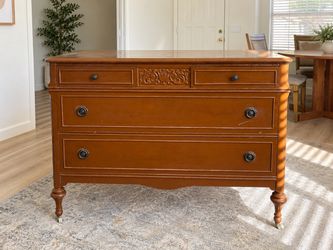 Vintage Wood 4-Drawer Dresser with Ornate Details & Casters