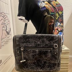 AllSaints distressed leather messenger crossbody biker bag gray black 