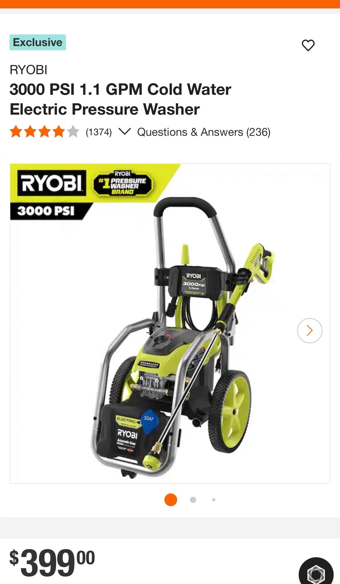 New Ryobi 3000 PSI 1.1 GPM Cold Water Electric Pressure Washer