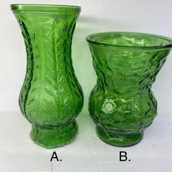 $19. Each or both for $29. (A) Vintage 1978 FTD Emerald Green Glass Flower Vase 10” Decorative Leaf Design.  (B) Vintage EO BRODY 8” Flare Top Round B