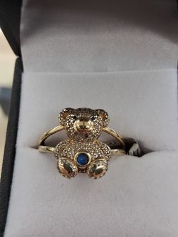 Teddy bear ring, blue/white stones, yellow gold, 14k,  3.9g, size: 8