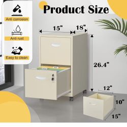 2 Drawer File Cabinet with Lock，Cream Rolling File Cabinet for Home Office, Metal Small Mobile Filing Cabinets on Wheels for Hanging Letter$30