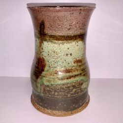 Signed DMG, Hand Made Studio Pottery, Upright Flower Vase, Variegated Glaze