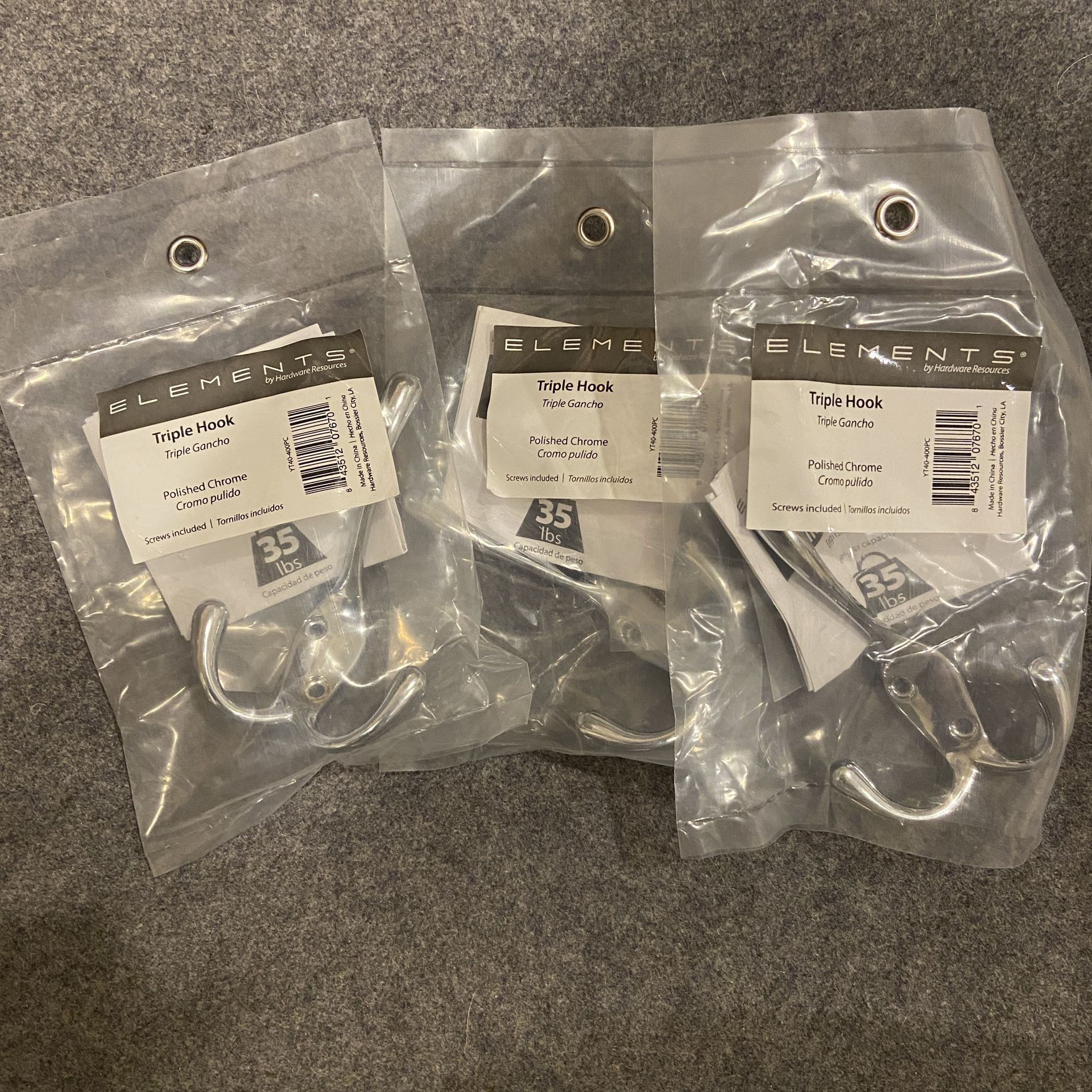 Elements Triple Hook Polished Chrome