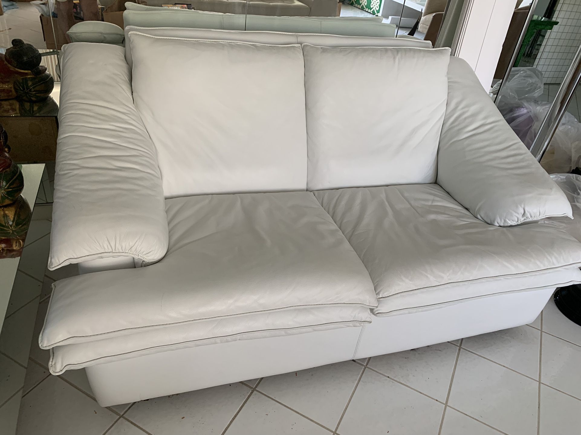 White Leather 2 Seat Sofa & Accent Chair
