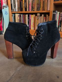 JEFFREY CAMPBELL size 9M Limited Edition Black Suede Platform Lace-Up Ankle Boots