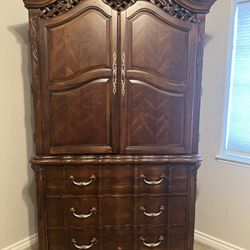 Beautiful, Tall, Real Solid Wood Armoire With Detailed Wood Design 
