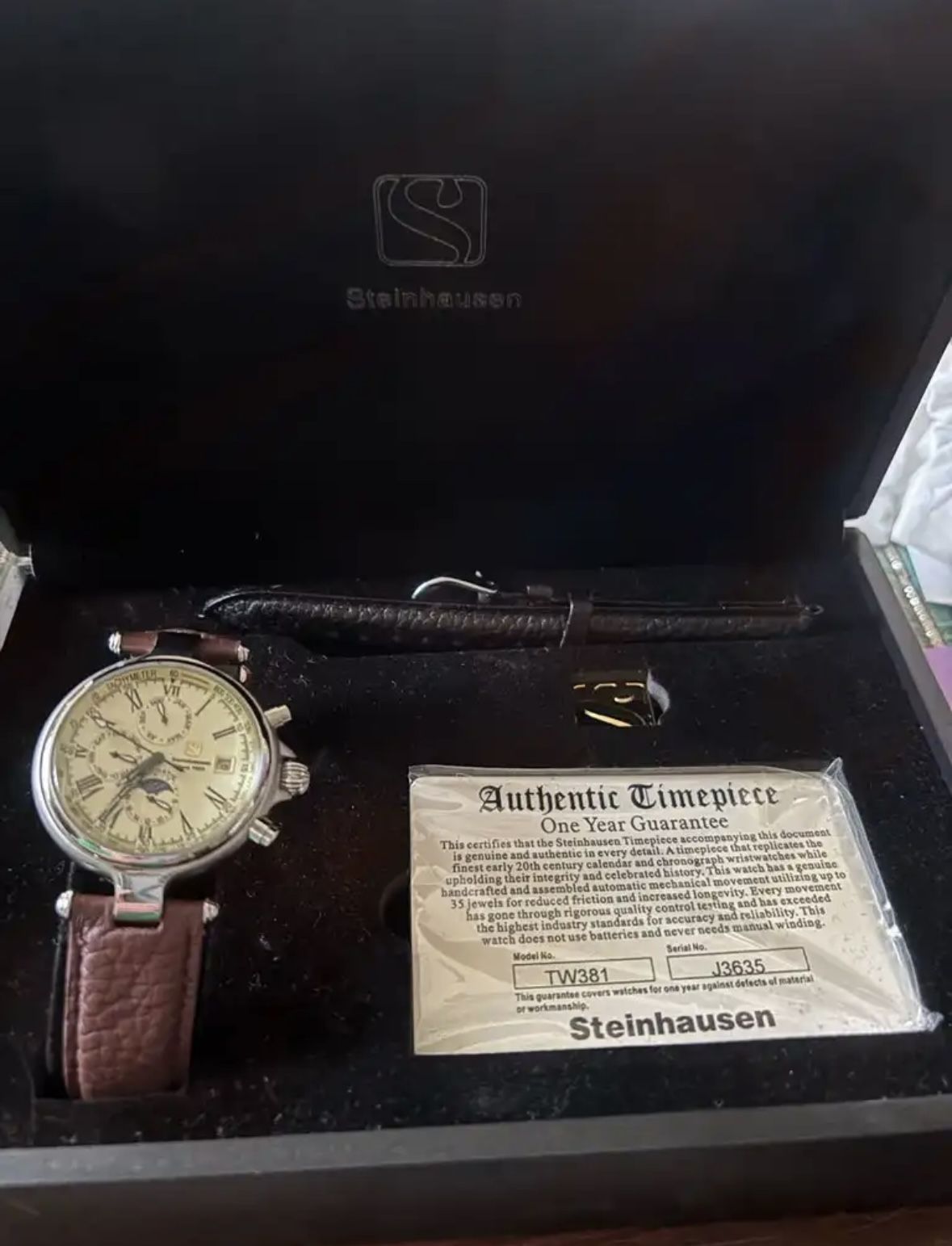 Steinhausen Waterproof Chronograph Watch. Model No. TW381. Serial No. J3635.