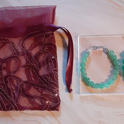 Two Jade Beaded Bracelets 7.5 In With Bag