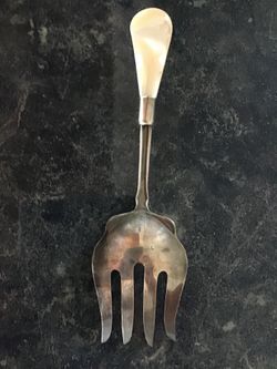 Antique Meat Serving Fork Sterling Silver Collar Mother Of Pearl Handle