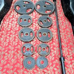 OLYMPIC EASY GRIP SET OF PLATES & 7 FOOT BAR   :  (FOUR)  25s  &  (PAIRS OF)  :   45s   10s   5s 
