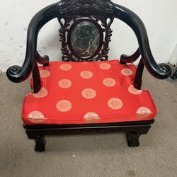 Vintage Chinese Carved Dragon Armchair With Marble Inserts