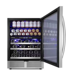 TITTLA brand 23.47 in. Dual Zone 27-Wine Bottles & 90-Cans Beverage & Wine Cooler in Silver Reversible Door Hinge Interior Blue LED.