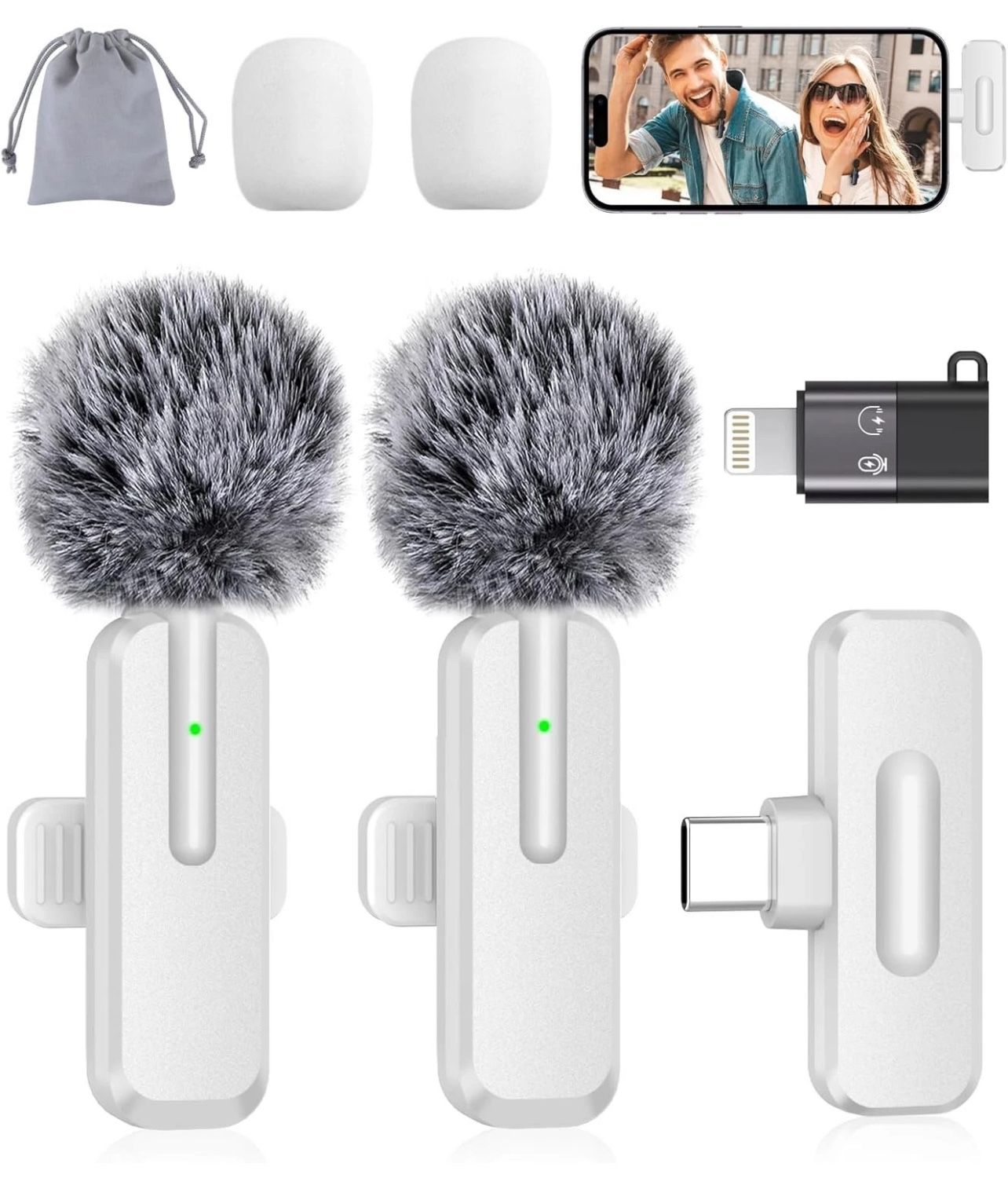 Wireless Mini Microphone for iPhone - 2 Pack Lavalier bluetooth Microphone for Video Recording, 2 In 1 Noise Reduction Lapel Mic for Ipad, Android, Cl