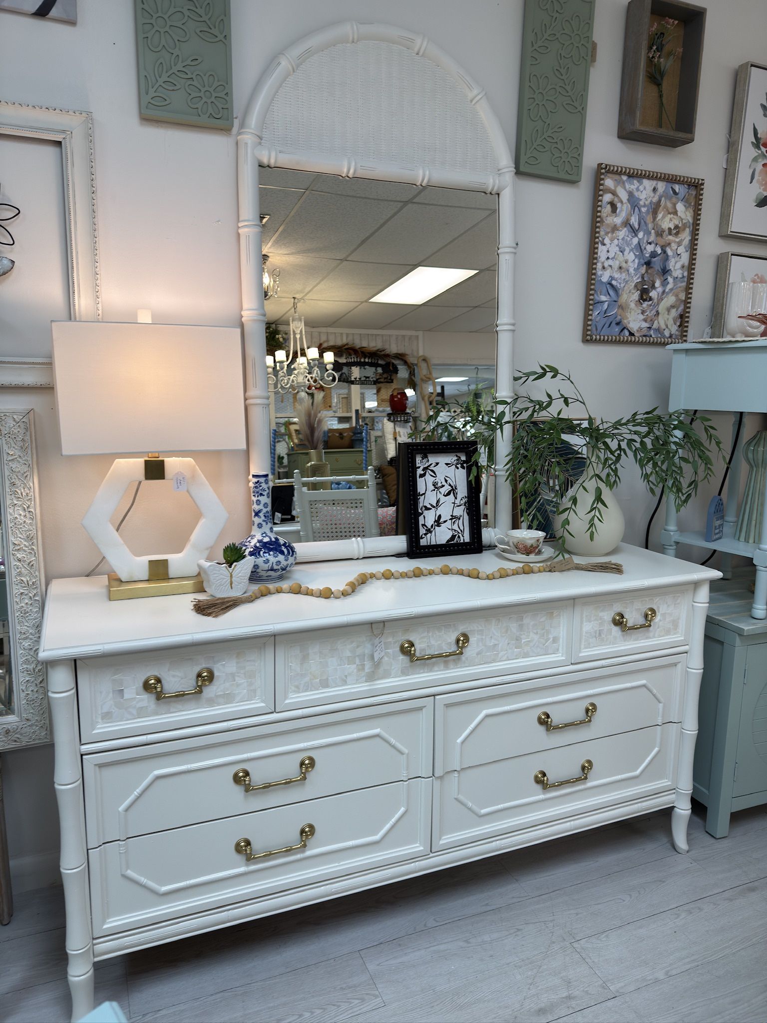 Refinished Broyhill Faux Bamboo Dresser And Mirror available at Do Over Decor in Jensen Beach