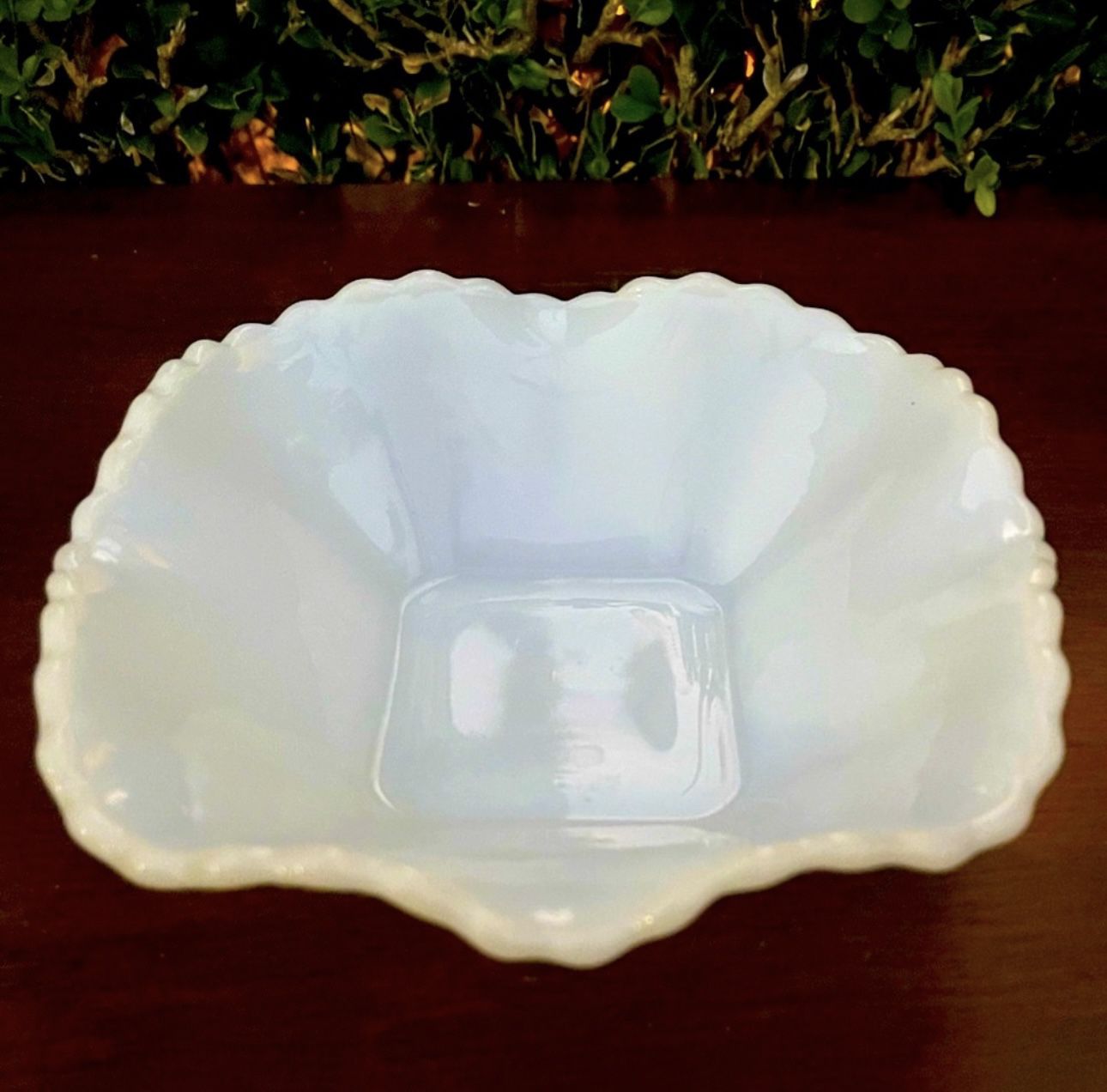 Antique White Art Milk Glass Bowl Candy Dish Original Vintage Candle Holder Fine Farm Square RUFFLED Shabby Chic Country Estate Cabin Lodge