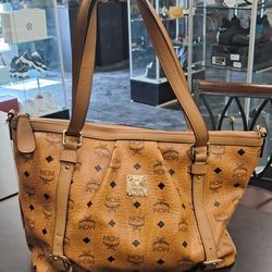 MCM Vintage Visetos Brown Leather Shopping Tote Shoulder Bag (H)
