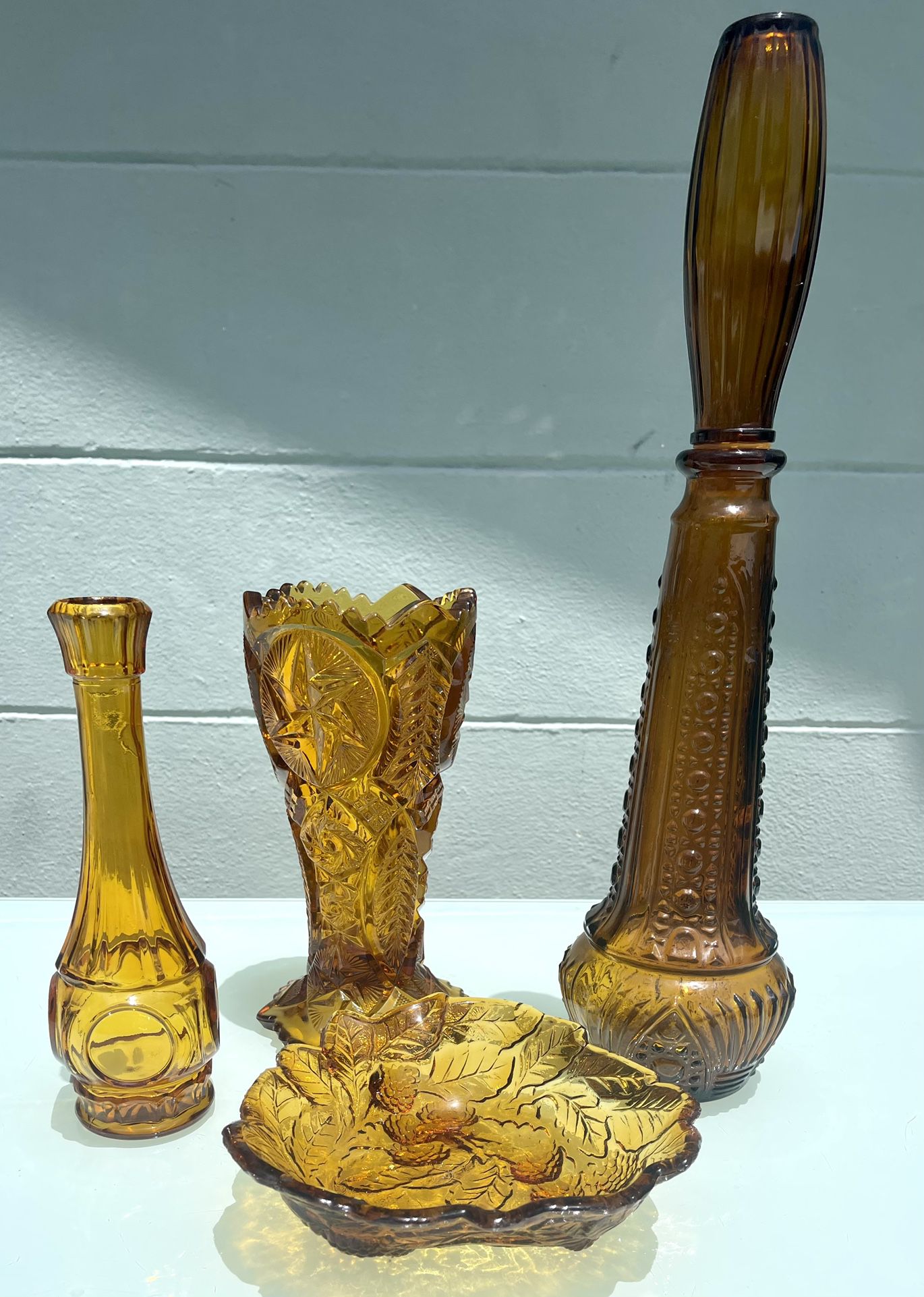 Vintage Amber Glass Set,  Decanter, 2 Vases & Candy Dish