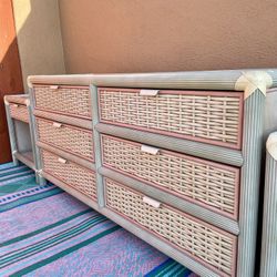 Bedroom Set Vintage Wicker Rattan Cane Boho Retro Mid Century Modern Dresser Headboard Nightstands