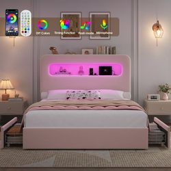 Full Size Velvet Upholstered Bed with LED Lights & 2 Drawers, Storage Headboard Platform Bed Frame with USB Ports & Outlets, Pink
