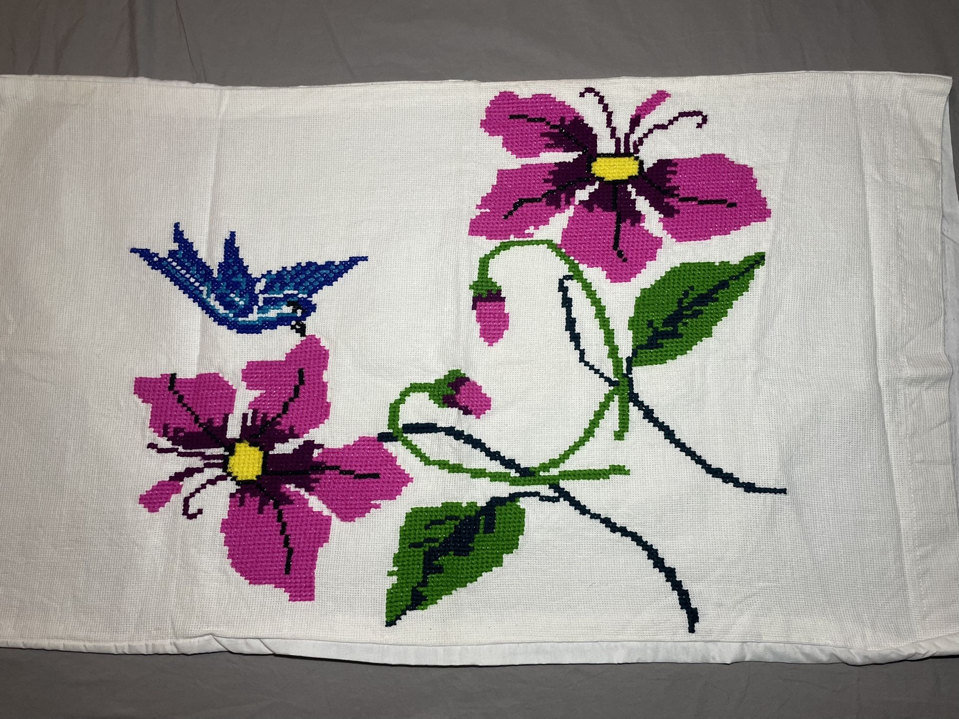 White Embroidered Cross Stitched Pillowcases with Flowers -Pair