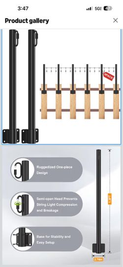 Suchtale 8-Pack String Light Poles, 1.3 FT Fence Mount Posts, Black Wall-Mount Brackets Secure To Fences, Deck Rails Or Wood Posts. Clips Hold String 