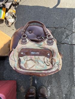Rosetti Logo Satchel Top Handle Bag Beige Brown Multicolor Front Zip Pocket
