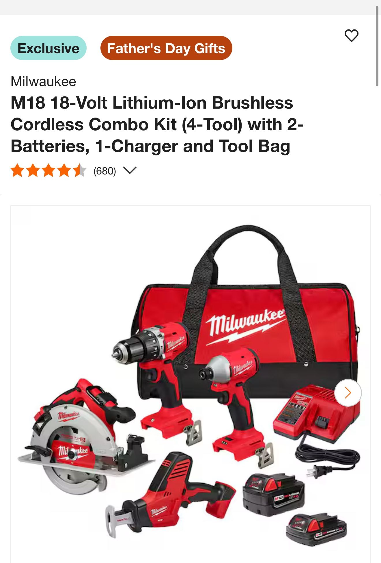 Milwaukee M18 18-Volt Lithium-lon Brushless Cordless Combo Kit (4-Tool) with 2-Batteries, 1-Charger and Tool Bag This kit includes (1) M18™ REDLITHI