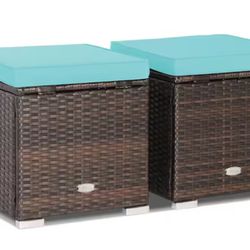2-Piece Wicker Outdoor Ottomans Storage Box Footstool with Turquoise Cushions