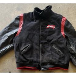 Vintage Dehen Men’s Black Red Wool Budweiser Leather Bomber Jacket Sz XL 1998