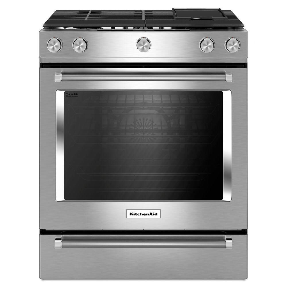 KitchenAid 5.8 cu. ft. Slide-In Gas Stove Stainless Steel Range Hood Included