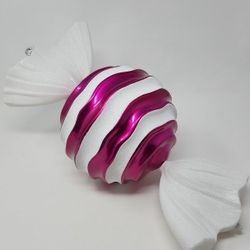 Large, Pink, Outdoor Vickerman 18.5" Cerise-White Striped Wave Candy Christmas Ornament