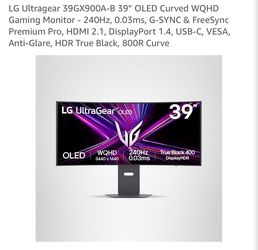 Computer Monitor 39” LG ULTRAGEAR 39GX900A-B OLED Curved Gaming Monitor