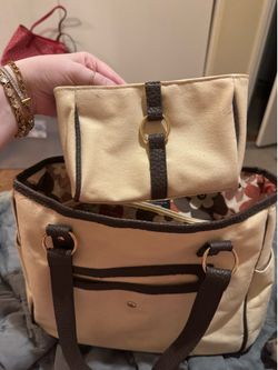 Lancome Cream Canvas Tote with Dark Brown Trim and Pouch