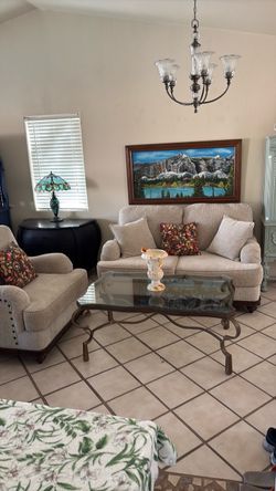 Living room set, couch, chair, plus coffee table