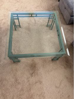 Teal Cast Iron Coffee Table w/ Glass Top